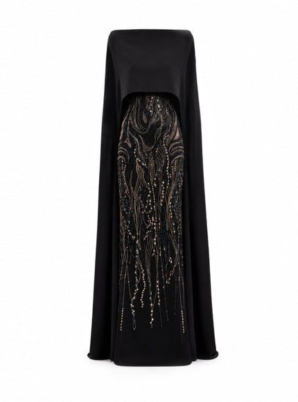 Gemy Maalouf Beaded Cape Gown in Black, front view with cape