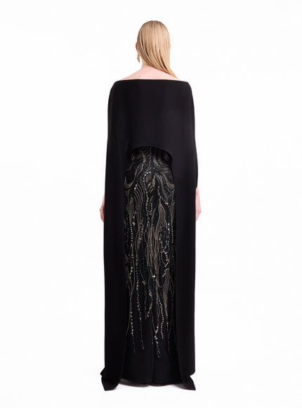 Gemy Maalouf Beaded Cape Gown in Black, back view with cape (alternate)