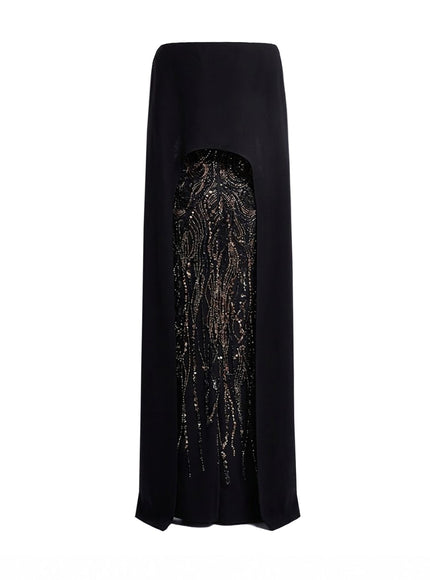 Gemy Maalouf Beaded Cape Gown in Black, back view with cape