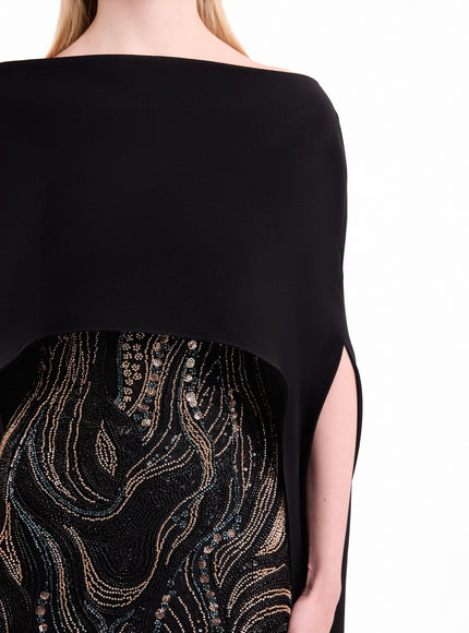 Gemy Maalouf Beaded Cape Gown in Black, beading closeup
