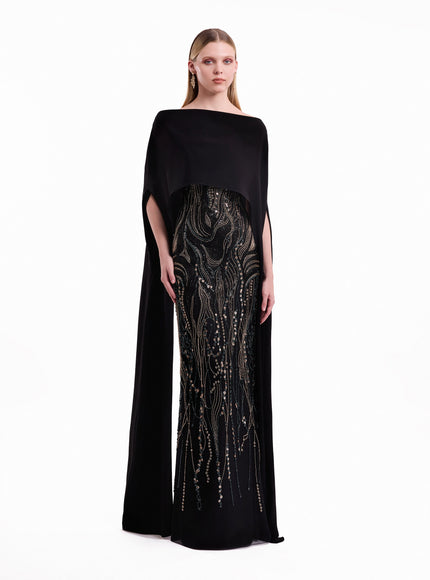 Gemy Maalouf Beaded Cape Gown in Black, front view with cape (alternate)