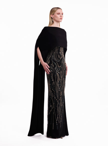 Gemy Maalouf Beaded Cape Gown in Black, cape front detail