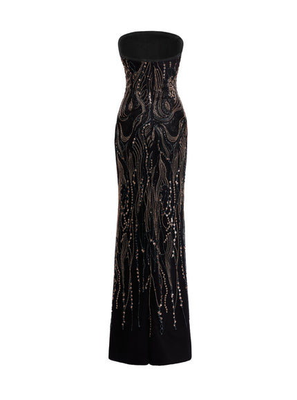 Gemy Maalouf Beaded Cape Gown in Black, back view without cape