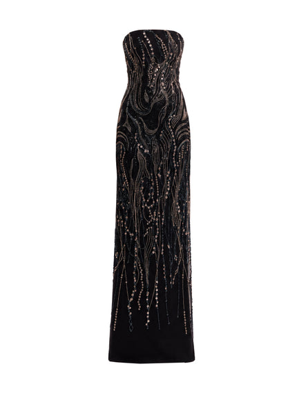 Gemy Maalouf Beaded Cape Gown in Black, front view without cape