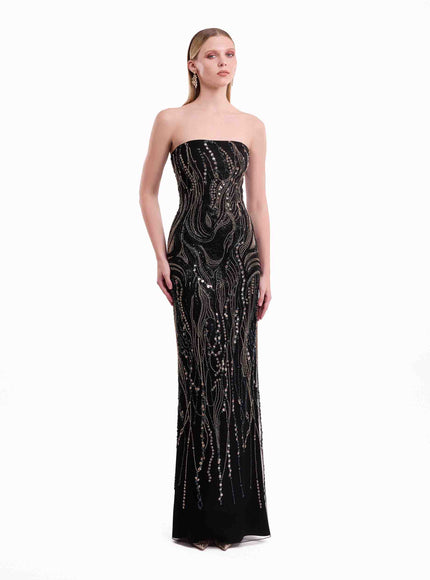 Gemy Maalouf Beaded Cape Gown in Black, front view without cape (alternate)