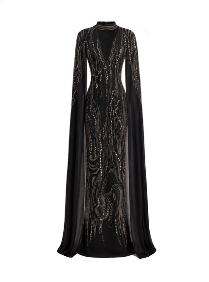 Gemy Maalouf Beaded V-Neck Cape Gown