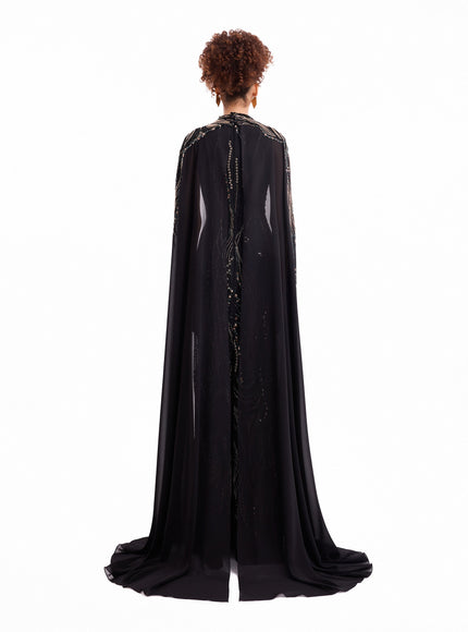 Gemy Maalouf Beaded V-Neck Cape Gown
