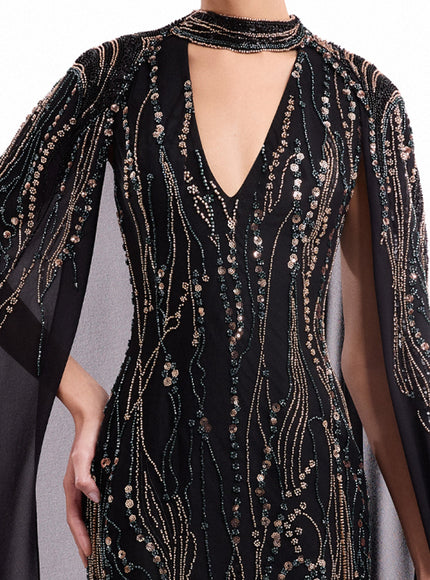 Gemy Maalouf Beaded V-Neck Cape Gown