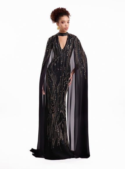 Gemy Maalouf Beaded V-Neck Cape Gown
