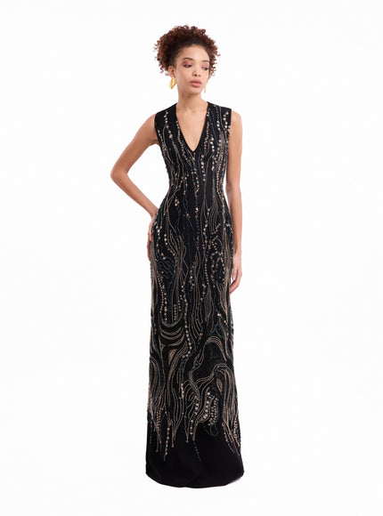 Gemy Maalouf Beaded V-Neck Cape Gown