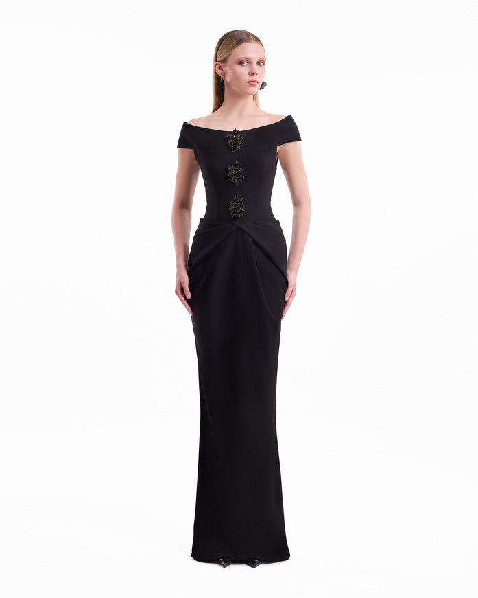 Gemy Maalouf Floral Off-Shoulder Gown Black