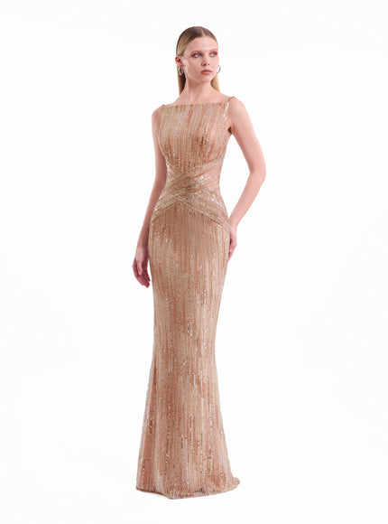 Gemy Maalouf Criss-Cross Beaded Gown Salmon