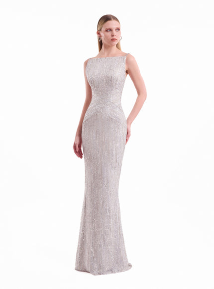 Gemy Maalouf Criss-Cross Beaded Gown Silver