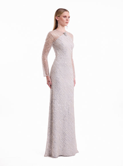 Gemy Maalouf Beaded Sequin Gown No. 2173 Silver