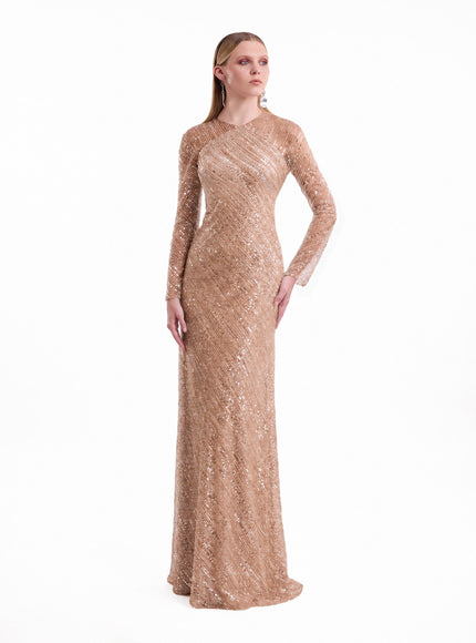 Gemy Maalouf Beaded Sequin Gown No. 2173 Salmon