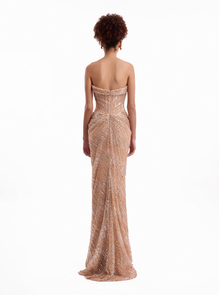 Gemy Maalouf Beaded Sweetheart Gown Salmon