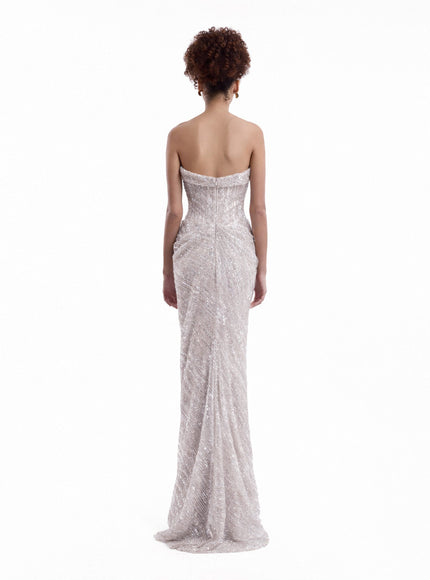 Gemy Maalouf Beaded Sweetheart Gown Silver