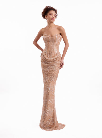 Gemy Maalouf Beaded Sweetheart Gown Salmon