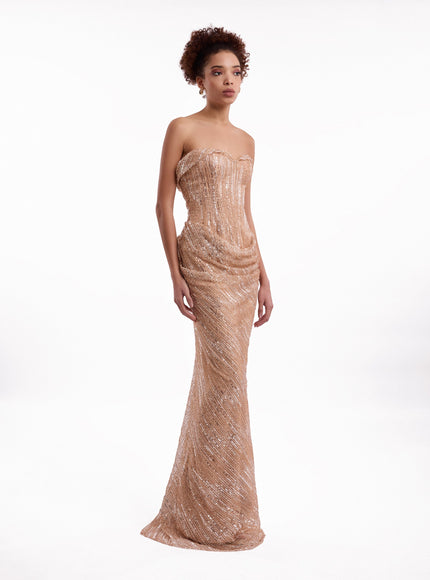 Gemy Maalouf Beaded Sweetheart Gown Salmon