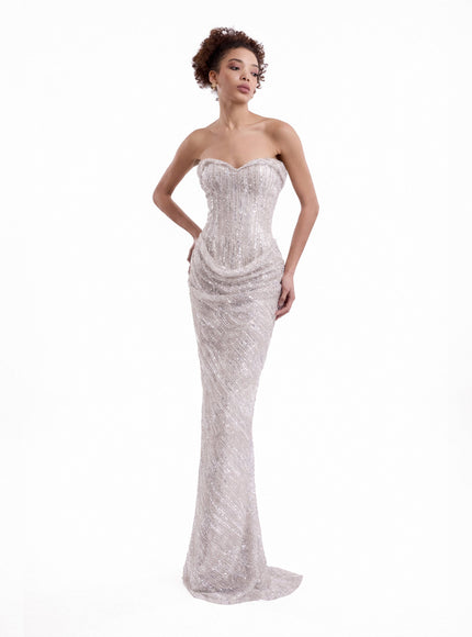 Gemy Maalouf Beaded Sweetheart Gown Silver