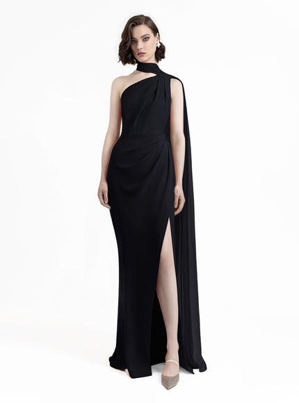 Gemy Maalouf Asymmetrical Draping Crepe Gown Black