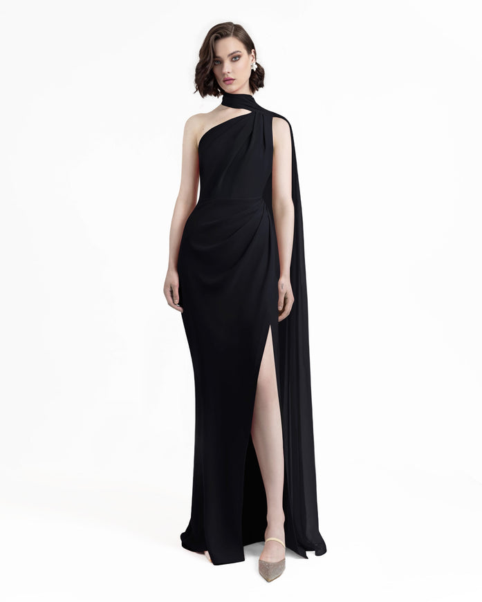 Gemy Maalouf Asymmetrical Draping Crepe Gown Black
