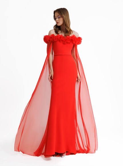 Gemy Maalouf Off-The-Shoulders With Flower Embellishment Gown Orange