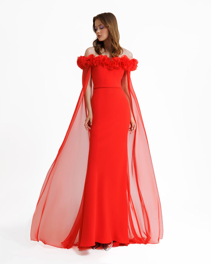 Gemy Maalouf Off-The-Shoulders With Flower Embellishment Gown Orange