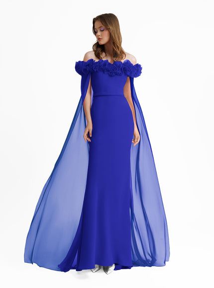 Gemy Maalouf Off-The-Shoulders With Flower Embellishment Gown Blue