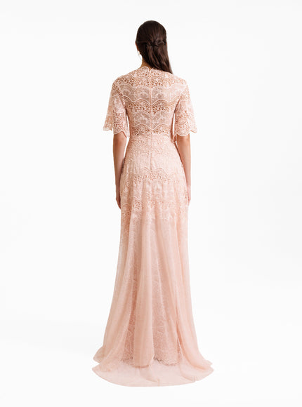 Gemy Maalouf Lace Gown With Deep V-Neck