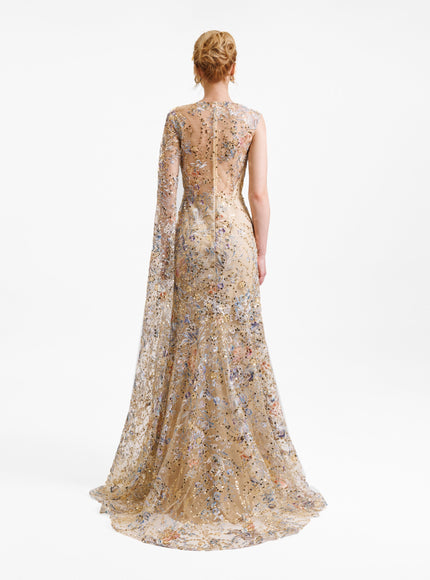 Gemy Maalouf Beaded Gown With Floor Length Sleeve