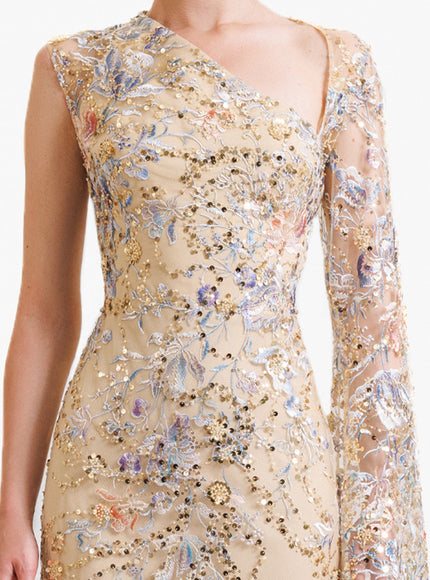 Gemy Maalouf Beaded Gown With Floor Length Sleeve