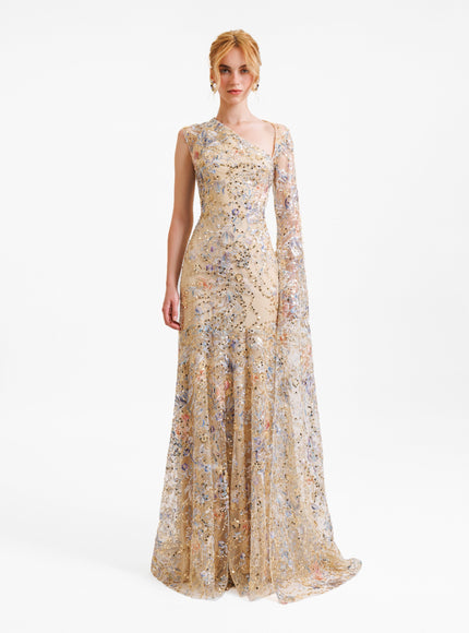 Gemy Maalouf Beaded Gown With Floor Length Sleeve