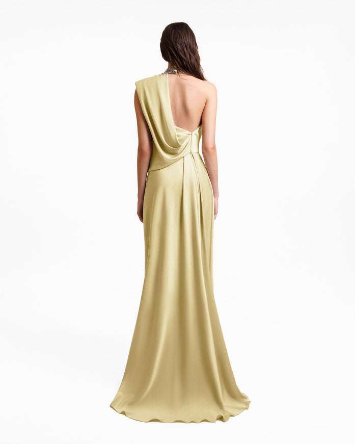 Gemy Maalouf Asymmetrical Embellished Collar Gown Green