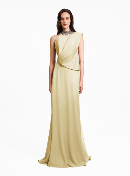 Gemy Maalouf Asymmetrical Embellished Collar Gown Green