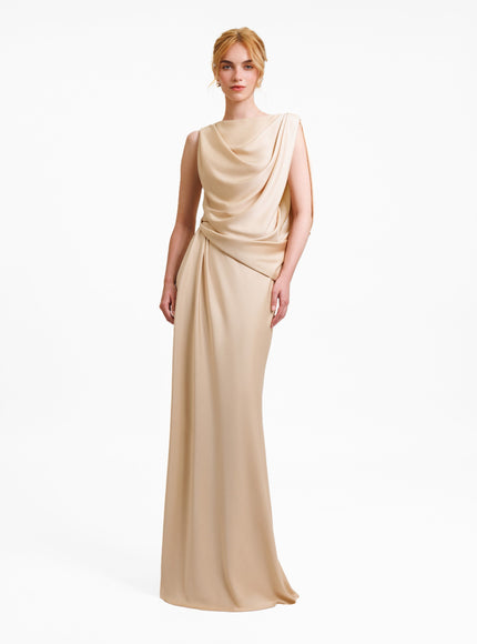 Gemy Maalouf Asymmetrical Draped Gown No. 1977 Beige