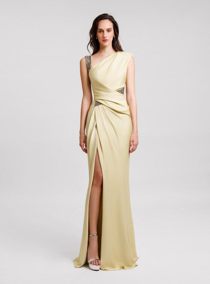 Gemy Maalouf Embellished Asymmetrical Neckline Gown No. 1978 Green