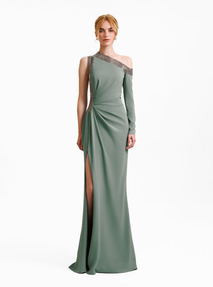 Gemy Maalouf Embellished Asymmetrical Neckline Gown No. 1979 Sage Green