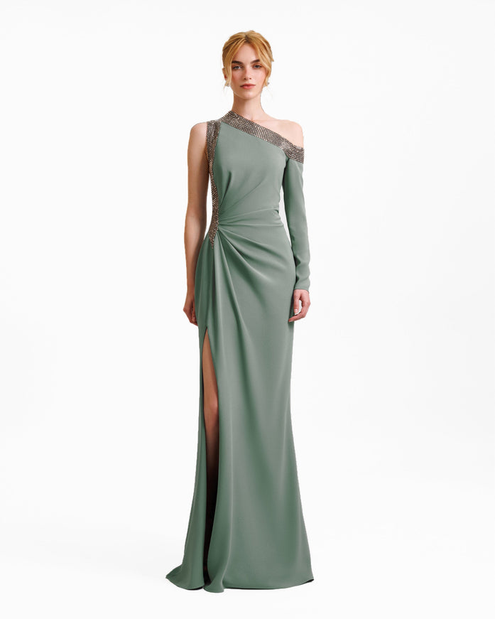 Gemy Maalouf Embellished Asymmetrical Neckline Gown No. 1979 Sage Green