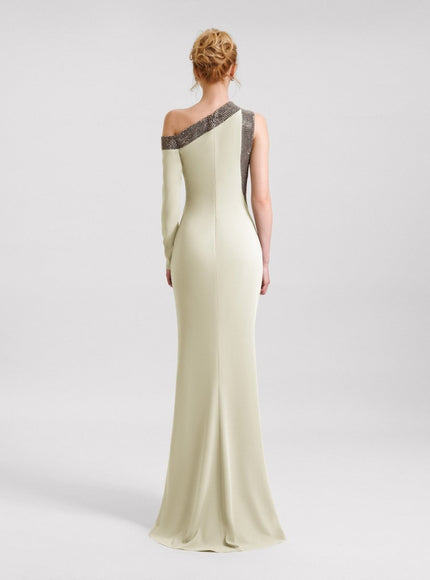 Gemy Maalouf Embellished Asymmetrical Neckline Gown No. 1979 Green