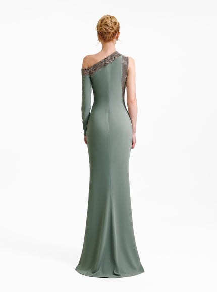 Gemy Maalouf Embellished Asymmetrical Neckline Gown No. 1979 Sage Green
