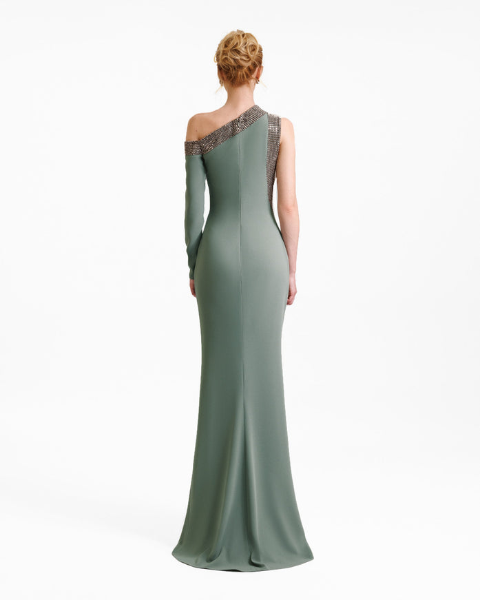 Gemy Maalouf Embellished Asymmetrical Neckline Gown No. 1979 Sage Green