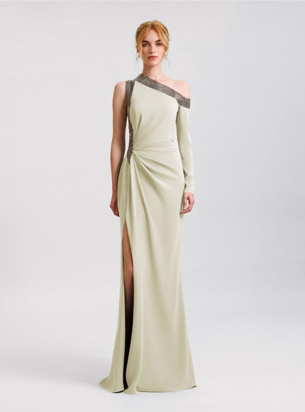 Gemy Maalouf Embellished Asymmetrical Neckline Gown No. 1979 Green