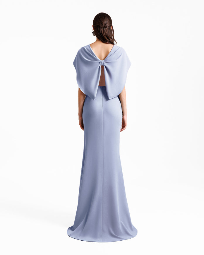 Gemy Maalouf Draped Cape-Like Sleeve Gown Blue