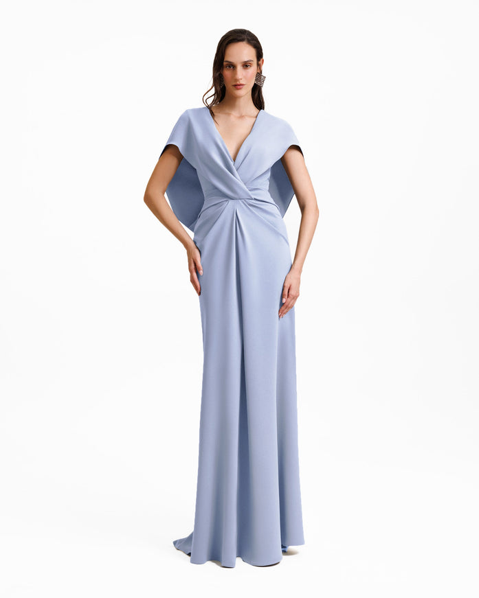 Gemy Maalouf Draped Cape-Like Sleeve Gown Blue