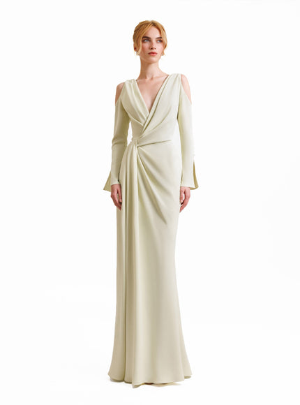 Gemy Maalouf Draped Cut-Out Shoulder Gown Green