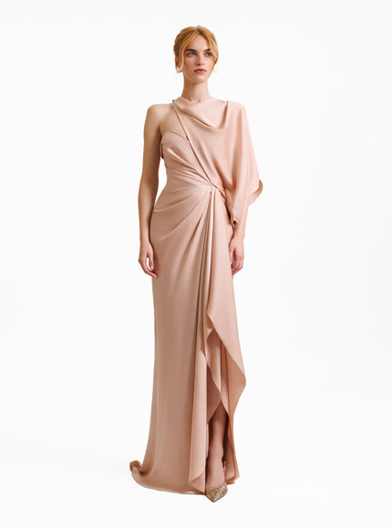 Gemy Maalouf Asymmetrical Neckline Draped Gown No. 1985 Pink