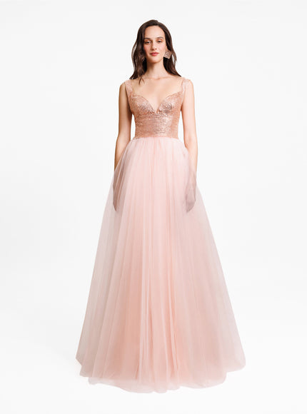 Gemy Maalouf Embellished Corseted Tulle Gown Pink