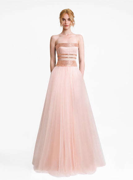 Gemy Maalouf Embellished Corset Tulle Gown Peach