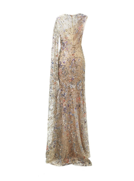Gemy Maalouf Beaded Gown With Floor Length Sleeve